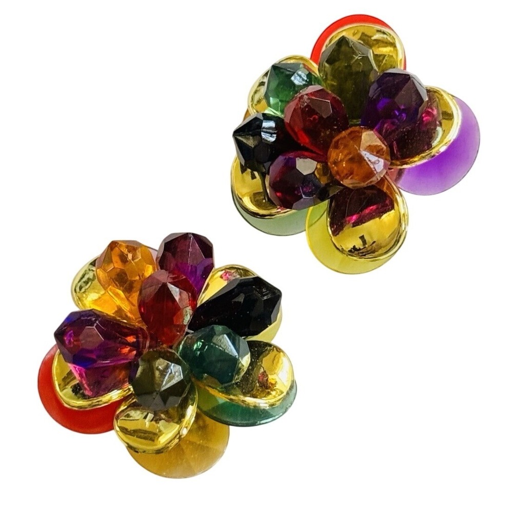 Flashy Earrings VTG Colorful Beads Clip Statement Lucite Gold Acrylic Chunky 80s